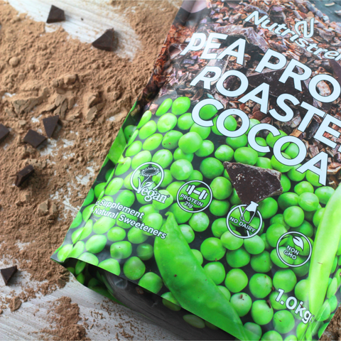 Pea protein roasted cocoa on a background of cocoa powder | Nutristrength