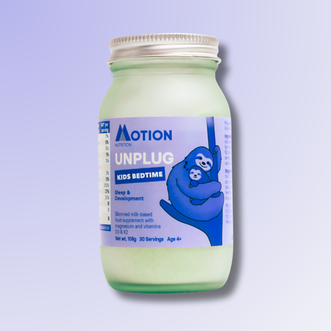 Jar of 'Motion Unplug Kids Bedtime' on a light purple background