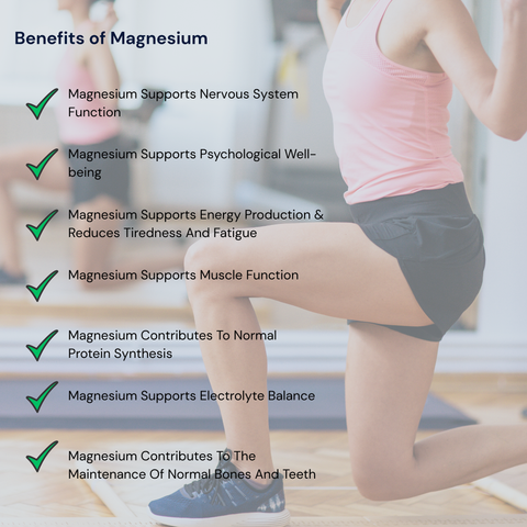Person exercising with text listing benefits of magnesium, blurred background