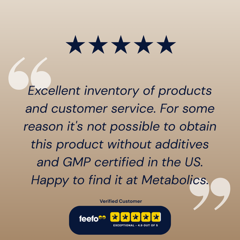 Five-star review text on a beige background with Metabolics logo.