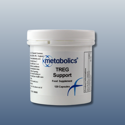 Container of Metabolics TREG Support food supplement on a gray background
