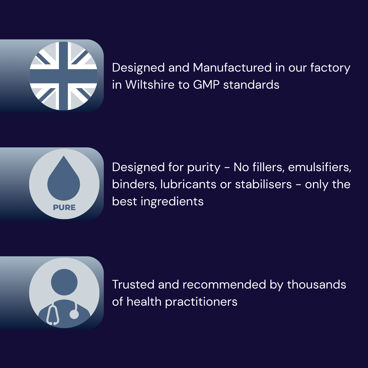 Designed and manufactured UK, designed for purity, trusted and recommended health practitioners