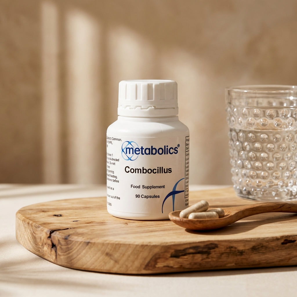 Metabolics combocillus capsules on a wooden chopping board