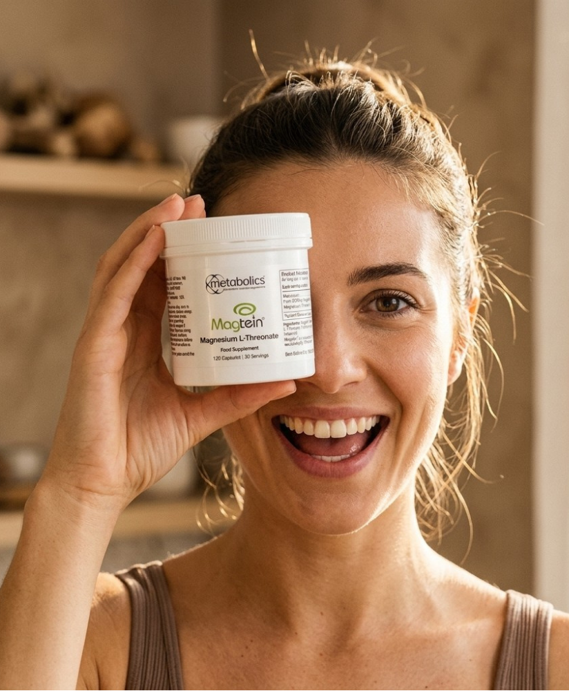 {"alt" => "A smiling woman holds up a white jar of Metabolics Magtain Magnesium L Threonate against a warm, softly lit kitchen background with wooden shelves."}
