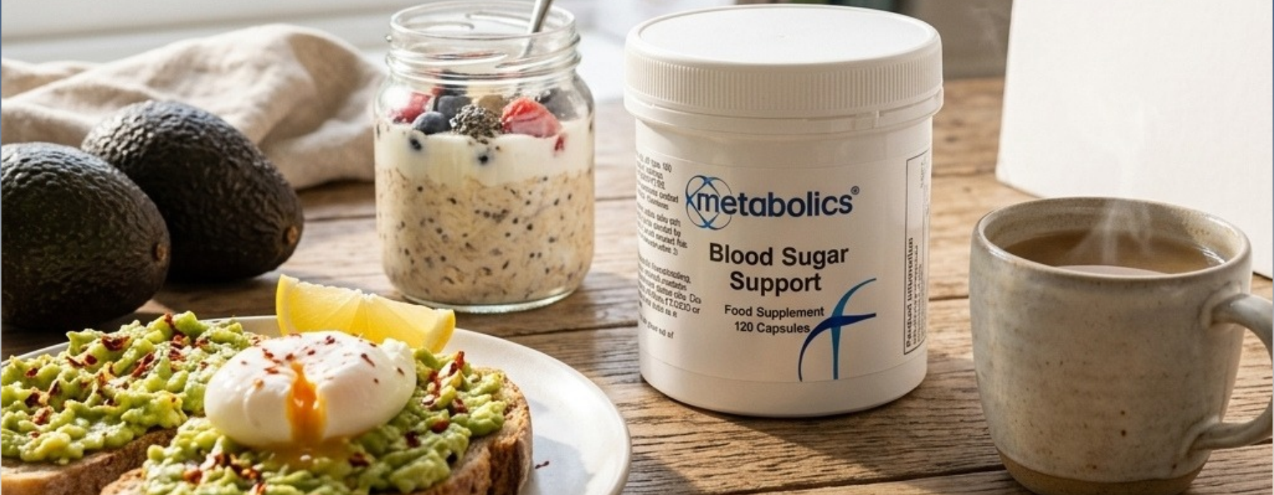 {"alt" => "A white plastic tub of Metabolics Blood Sugar Support supplement placed on a wooden table next to a breakfast scene with avocado toast, a fruit smoothie, and a cup of coffee."}
