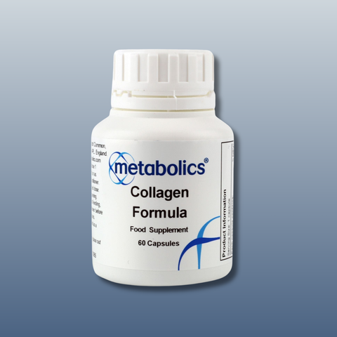 White bottle of Metabolics Collagen Formula on a gray background