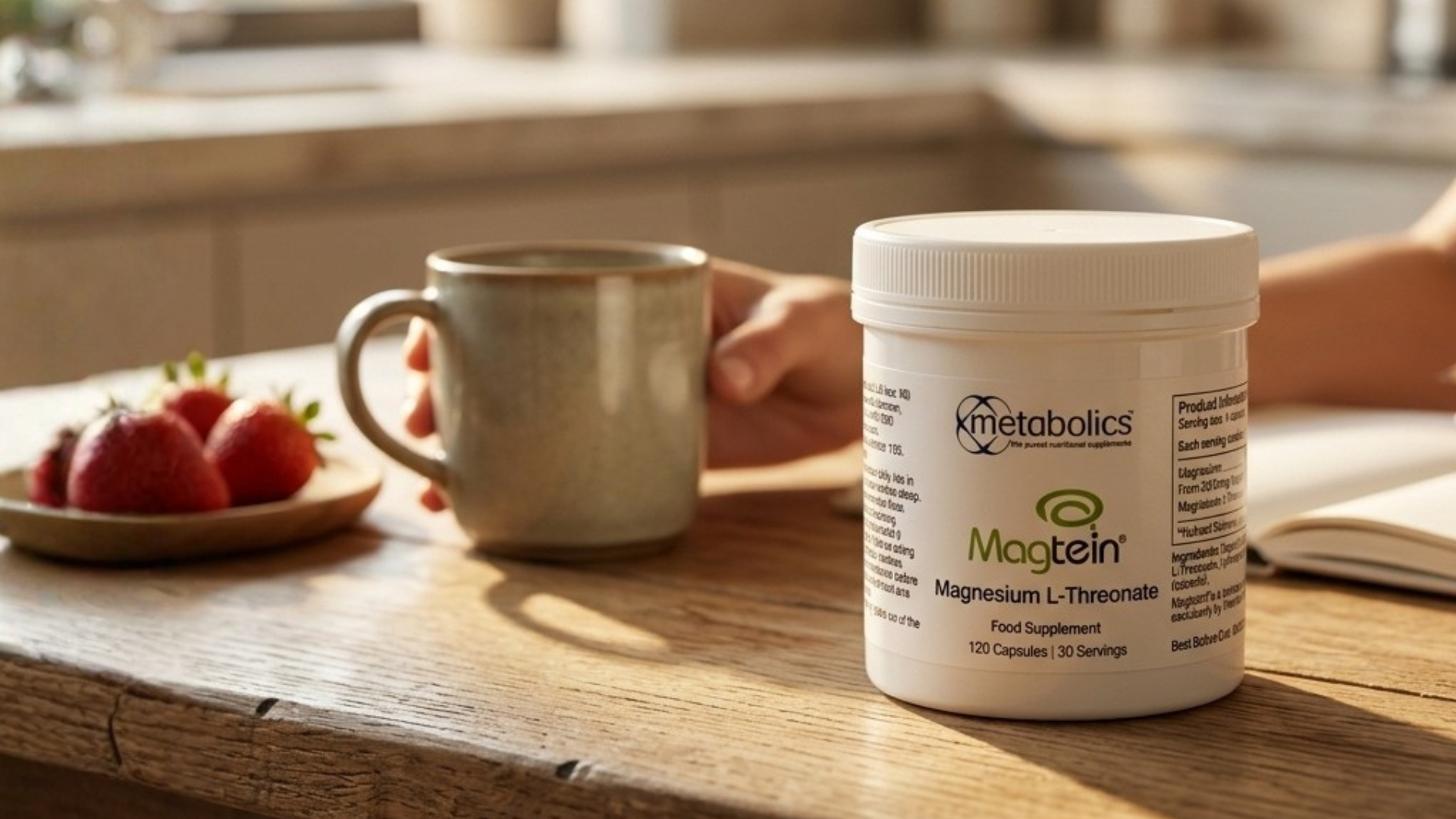 {"alt" => "A white tub of metabolics Magtein Magnesium L-Threonate capsules sits on a rustic wooden table in a warm, sunlit kitchen setting. "}