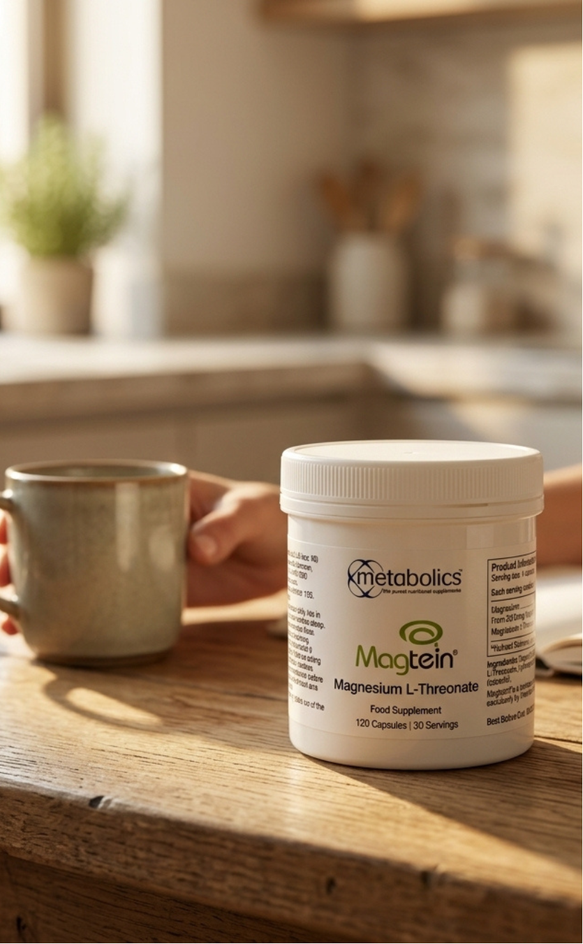 {"alt" => "A white tub of metabolics Magtein Magnesium L-Threonate supplement sits on a rustic wooden table in a warm, sunlit kitchen setting, next to a ceramic mug and strawberries."}