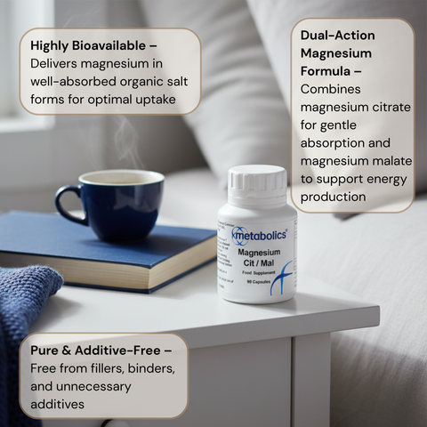 Metabolics Magnesium supplement bottle on a table with a cup of coffee and book in the background