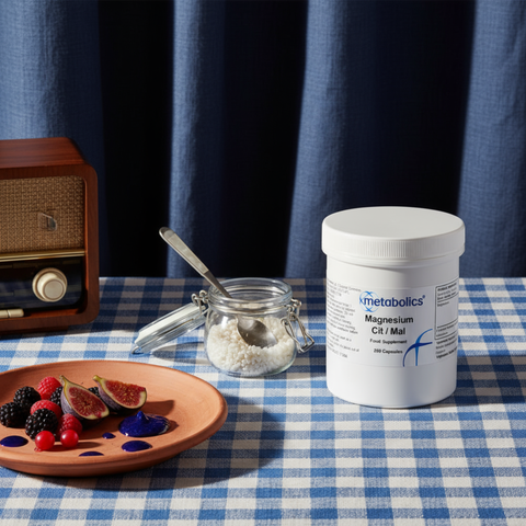 Metabolics Citrate Malate Supplement container on a table with a plate of fruits and a jar, against a dark curtain background.