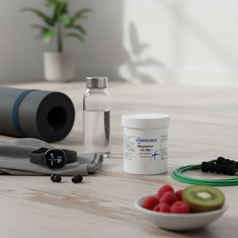 Health and fitness items including a water bottle, Metabolics Magnesium Citrate Malate supplement container, and fruits on a wooden surface.
