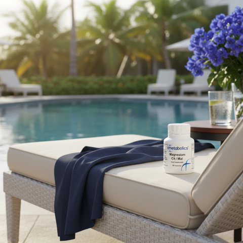 Supplement bottle on a lounge chair by a pool with a scenic background | Metabolics