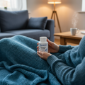 Person holding a bottle of supplements on a couch in a cozy living room. | Metabolics