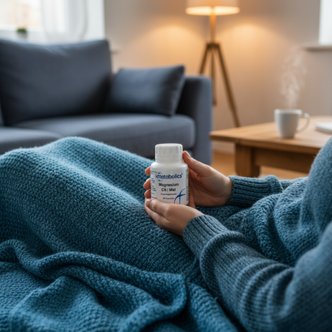 Person holding a bottle of supplements on a couch in a cozy living room. | Metabolics