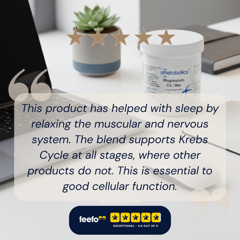 Magnesium citrate malate container on a desk with text about its benefits and a five-star rating from Feefo.