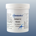 Supplement container labeled 'Metabolics Multiple for Women' on a gray background