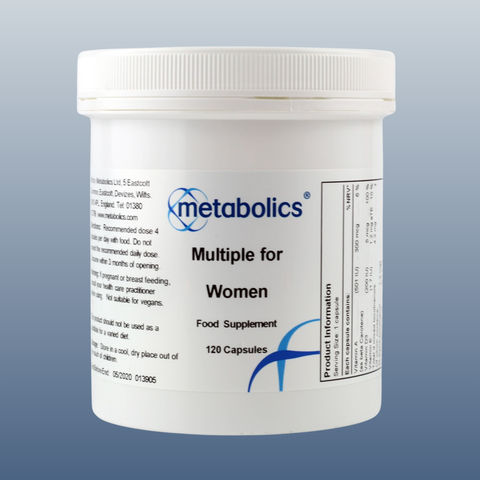 Supplement container labeled 'Metabolics Multiple for Women' on a gray background