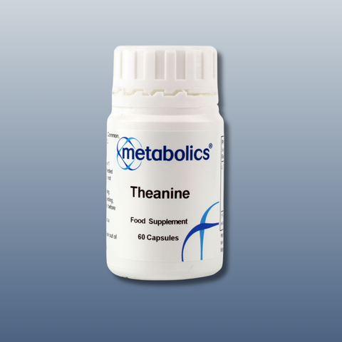 Metabolics Theanine food supplement bottle on a gray background