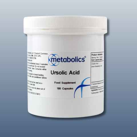White container of Metabolics Ursolic Acid food supplement on a gray background