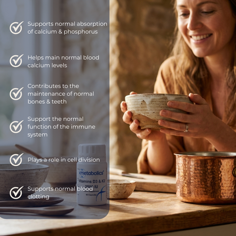 Woman holding a bowl with a supplement bottle on a wooden table, featuring health benefits text.