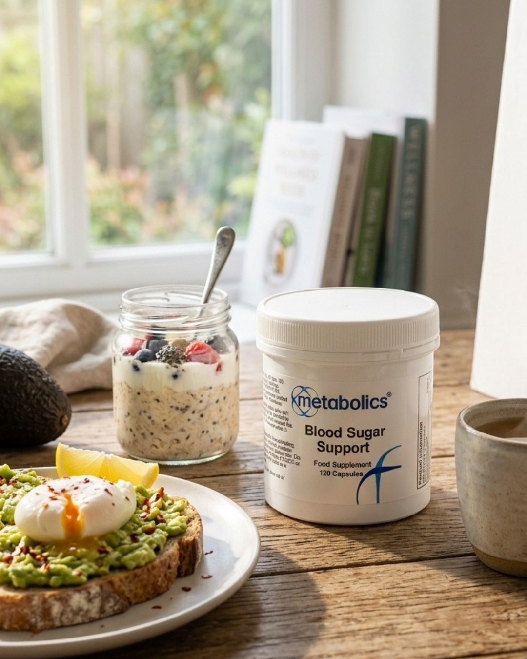 {"alt" => "Metabolics blood sugar support on a wooden table with breakfast food"}