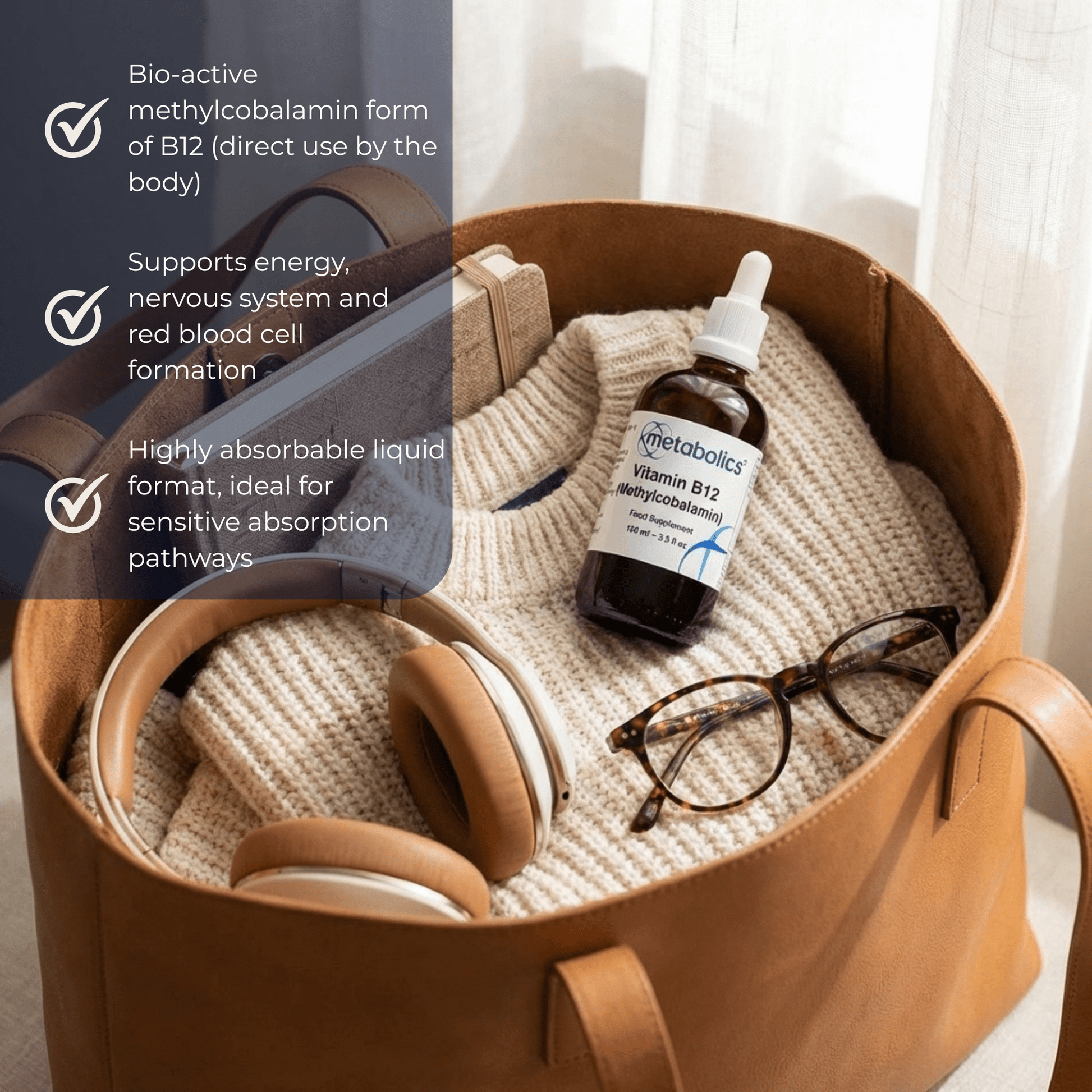 US Vitamin B12 Methylcobalamin Liquid | Active B12 Supplement for Energy & Nerves - Metabolics